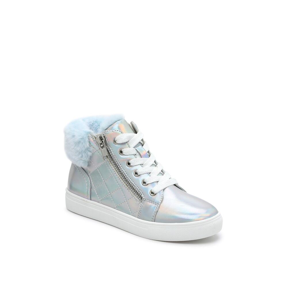 Dolce Vita Sidera HighTop Sneakers Shiny Silver Blue Faux Fur Preppy Size 5 Shoe